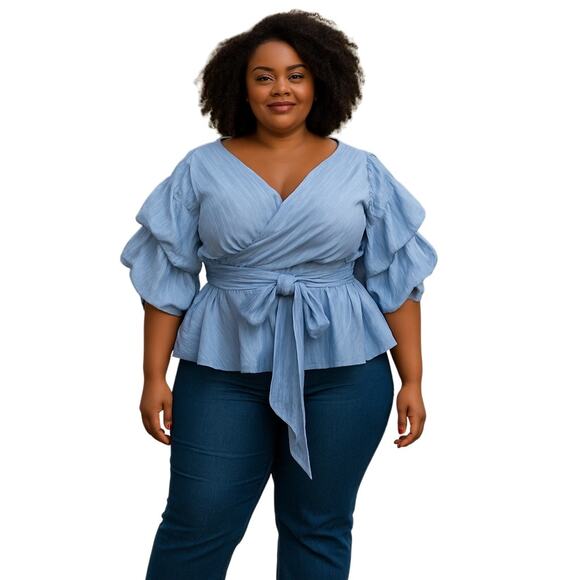 Eloquii Tops - ELOQUII Women’s Blue and White Crisscross Draped Puff Sleeve Top